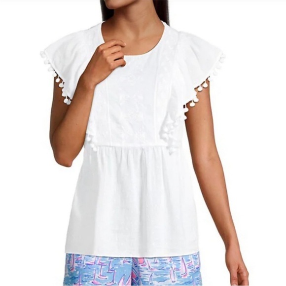 Lilly Pulitzer Raquelle Top Swiss Dot Dobby Chambray White Peplum Embroidered L - Picture 12 of 13